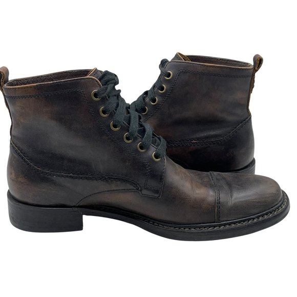 John Varvatos Brown Leather Lace Up Moto Cap Toe Ankle Boots Men’s Sz 8.5 - Picture 3 of 14